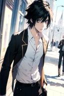 masterpiece, best quality, movie still, 1boy, solo, male focus, looking at viewer, , depth of field, (watercolor illustration, soft pastel colors:1.1), , <lora:l_lawliet:0.8>, l_lawliet, black hair, black eyes, , , suit pants, , steampunk,