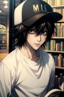 masterpiece, best quality, illustration, 1boy, solo, male focus, looking at viewer, upper body, , , , <lora:l_lawliet:0.74>, l_lawliet, black hair, black eyes, hair between eyes, , , snapback, bookstore, 32k resolution