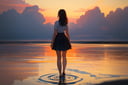 masterpiece, best quality, highly detailed background, perfect lighting, cute, masterpiece, a 20 years old girl wearing white shirt and dark blue skirt, brown long straight hair, (full body:1.5), (back view:1.5), (hands clasped behind back), hair ornaments, girl standing on water, cloud orange sunset background, water ripple, (Extremely Detailed Oil Painting:1.2), glow effects, godrays, Hand drawn, render, 8k, octane render, cinema 4d, blender, dark, atmospheric 4k ultra detailed, cinematic sensual, Sharp focus, humorous illustration, big depth of field, Masterpiece, colors, 3d octane render, 4k, concept art, trending on artstation, hyperrealistic, Vivid colors, extremely detailed CG unity 8k wallpaper, trending on ArtStation, trending on CGSociety, Intricate, High Detail, dramatic