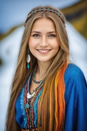 (best quality,ultra-detailed,realistic:1.37),colorful,high-fashion,portrait,beautiful 20-year old girl,long-flowing hair,regal presence,kind smile,perceptive eyes,indigenous Icelandic tribe,simple and elegant style,natural beauty,graceful posture,vibrant colors,soft lighting,bokeh,detailed clothing,traditional jewelry,serene background