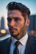(best quality,highres,masterpiece:1.2),ultra-detailed,realistic:1.37,cinematic,portrait,tattoo on her neck,detailed eyes and lips,man with neck tattoo,wearing a dark suit,strong expression,serious,city backdrop,striking lighting,gritty atmosphere,dramatic shadows,vivid colors,bokeh