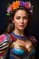 (best quality,  realistic,  high-resolution),  colorful portrait of a woman with flawless anatomy. She is wearing a stunning flower dress that compliments her vibrant personality. Her skin is extremely detailed and realistic,  with a natural and lifelike texture. The background is dark,  which creates a striking contrast to the colorful flowers adorning her armor. The flowers on her armor represent her strength and beauty. The lighting accentuates the contours of her face,  adding depth and dimension to the portrait. The overall composition is masterfully done,  showcasing the intricate details and achieving a high level of realism. Realistic,<lora:EMS-74104-EMS:0.800000>