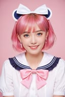 skistyle,  1girl,  solo,  cute smile,  pink hair,  animal ears,  blue eyes,  wings,  looking at viewer,  bangs,  short hair,  bow,  sailor collar,  white sailor collar,  hair bow,  pink bow,  closed mouth,  shirt,  white shirt,  bear ears,  bob cut,  mini wings,  portrait,  detached wings,  makeup,  upper body,  city in background,<lora:EMS-89317-EMS:0.800000>