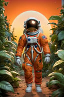An astronaut in an orange astronaut outfit, standing against a sunset background. The astronaut is positioned front facing and is shown from the waist up. The sunset provides a warm and vibrant color palette. The scene is surrounded by lush plants, adding a touch of nature to the composition. The image quality is top-notch and high-resolution, with ultra-detailed features. The style of the artwork is realistic, with vivid colors and professional craftsmanship. The lighting accentuates the astronaut's figure, creating a captivating atmosphere, 3D