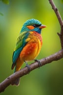 a colorful bird sitting on a tree branch, capturing the intricate details with macro photography, vibrant colors and the smallest of details, showcasing the beauty of nature, (best quality, 4K, highres, realistic:1.37) to ensure a masterpiece, capturing the bird's feather patterns in ultra-detailed precision, emphasizing the distinct hues and shades, highlighting the bird's unique characteristics, the luscious green of the tree branch contrasting with the rich, vibrant colors of the bird, creating a visually stunning image, with studio lighting to enhance the bird's features, capturing its beady eyes and delicate beak, the soft glow of natural sunlight illuminating the scene, creating a warm and welcoming atmosphere