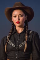 (23-year-old woman), (determined face), (red lips), (black hair braided to the side), (period clothes), (cowboy hat), (blood moon in the background).