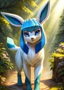 <lora:F1-Furry-Eeveelution:0.75>, uploaded on e621, ((by Fernand Toussaint, by Julie Bell, by Alphonse Mucha, by Dan Mumford, by Katsushika Hokusai)), solo chibi (quadruped feral:1.4) ((Glaceon)) with ((indigo body)) and ((clear indigo eyes)) and (blue dipstick tail), (detailed Glaceon), ((detailed fluffy fur)), (half-length portrait, looking away, front view, [high-angle view]:1.2), BREAK, (detailed background, depth of field, half body shadow, sunlight, ambient light on the body), (intricate:0.7), (high detail:1.2), (unreal engine:1.3), (soft focus:1.1), [explicit content, questionable content], (masterpiece, best quality, 4k, 2k, shaded, absurd res)