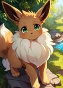 <lora:F1-Furry-Eeveelution:0.75>, uploaded on e621, ((by Issac Levitan, by Rumiko Takahashi, by Ephraim Moses Lilien, by Hioshiru, by Glacierclear)), solo (quadruped feral:1.4) ((Eevee)) with ((tan body)) and (((white neck tuft))) and (brown fluffy dipstick tail) and ((clear light green eyes)), (detailed Eevee), ((detailed fluffy fur)), (three-quarter portrait, looking at viewer, three-quarter view, [high-angle view]:1.2), BREAK, (detailed background, depth of field, half body shadow, sunlight, ambient light on the body), (intricate:0.7), (high detail:1.2), (unreal engine:1.3), (sharp focus:1.1), [explicit content, questionable content], (masterpiece, best quality, 4k, 2k, shaded, absurd res)