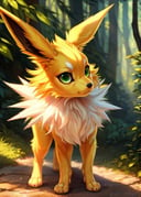 <lora:F1-Furry-Eeveelution:0.75>, uploaded on e621, ((by Sandra Chevrier, by Katsushika Hokusai, by Lawyerdog, by Alphonse Mucha)), solo chibi (quadruped feral:1.4) ((Jolteon)) with ((yellow body)) and ((clear green eyes)) and ((neck tuft)), (detailed Jolteon), ((detailed fluffy fur)), (three-quarter portrait, looking at viewer, side view, [high-angle view]:1.2), BREAK, (detailed background, depth of field, half body shadow, sunlight, ambient light on the body), (intricate:0.7), (high detail:1.2), (unreal engine:1.3), (sharp focus:1.1), [explicit content, questionable content], (masterpiece, best quality, 4k, 2k, shaded, absurd res)