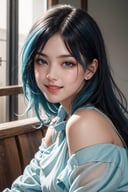 masterpiece, best quality, photorealistic, raw photo, 1girl, long hair, blouse, light smile, detailed skin, pore, off_shoulder, Realism, blue hair