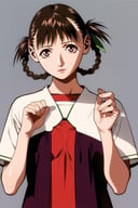Sawa, 1girl, solo, brown hair, ribbon, braid, looking at viewer,  simple background, hair ribbon, <lora:Yasuomi Umetsu:0.8>, <lora:Sawa:0.6>