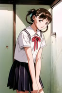 Sawa, 1girl, solo, brown hair, school uniform,ribbon, braid, looking at viewer, white background, hair ribbon,  <lora:Yasuomi Umetsu:0.8>,   <lora:Sawa:0.6>
