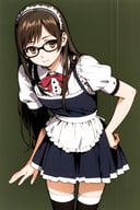 Monaka Noguchi, solo, 1girl, thighhighs, glasses, maid, long hair, brown hair, zettai ryouiki, brown eyes, simple background,  <lora:Yasuomi Umetsu:0.8>