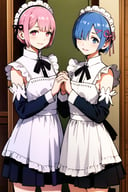 ram (re:zero), multiple girls, 2girls, sisters, roswaal mansion maid uniform, twins, siblings, pink hair, rem (re:zero), short hair, blue hair, blue eyes, maid, ribbon, detached sleeves, red eyes, hair ornament, hair over one eye, smile, looking at viewer, holding hands, apron, x hair ornament, hair ribbon, interlocked fingers, black ribbon, frills, maid headdress, white apron, blurry background, blurry, neck ribbon, ribbon trim, bangs, breasts, blush, purple ribbon, small breasts, long sleeves, parted lips, waist apron, shiny hair, pink ribbon, dress, wide sleeves, standing, frilled sleeves, shiny, ribbon-trimmed sleeves, <lora:Yasuomi Umetsu:0.8>