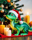 green little dragon in a Santa hat, sitting next to candles, a Christmas tree, gifts and tangerines, very cute and friendly 