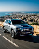 image taken from a low angle, of brand new Jeep Cherokee 2022 silver grey color, and on the road, a sign and arrow to the city of Beirut in the background side, car very clear in the front, very realistic view, like shot with Nikon Z9 and 28mm lens,