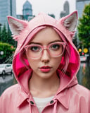 eyes shoot photo, cloe up, a pink anime wolf wearing glasses walking in the rain of seattle