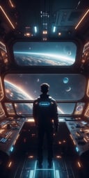 1male, photorealistic,Futuristic room,science fiction, looking through the Window, neon lights, screens,inside a spaceship, space outside, planets,