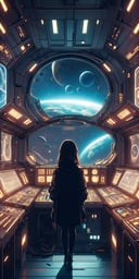 1girl,Futuristic room,science fiction, looking through the Window, neon lights, screens,inside a spaceship, space outside, planets,