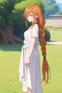 <lora:FlammeV1:0.6>,Flamme,1girl,bangs,solo,braided ponytail,single braid,brown hair,orange hair,very long hair,sidelocks,red earrings,hair over one eye,green eyes,blue eyes,<lora:add_detail:0.3>,collarbone,golden choker,greek clothes,white shirt,medium breasts,short sleeves,white dress,black gladiator sandals,outdoors,nature,from side,, Exquisite visuals, high-definition,masterpiece,best quality,Exquisite visuals,high-definition,masterpiece,best quality,18yo,Young female,Beautiful Fingers,Beautiful long legs,Beautiful body,Beautiful character design,