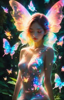 Cinematic of fairy girl, cool_vibe, small_nose, (范冰冰), realistic artwork, high detailed, professional, upper body photo of a transparent porcelain cute creature, with glowing backlit panels, anatomical plants, dark forest, grainy, shiny, with vibrant colors, colorful, ((realistic skin)), glow surreal objects floating, ((floating:1.4)), contrasting shadows, photographic, niji style, 1girl, xxmixgirl, FilmGirl, aura_glowing, colored_aura, Movie Still, final_fantasy_vii_remake, ((big_breast:1.1)), transparent_clothing, (transparent_butterflies), colorful butterflies, sleeping:1.4, ((depth_of_field))