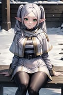 best quality, masterpiece, 1girl, (solo:1.1), raytracing, ultra detailed,detailed face, 8k wallpaper, wide hips, <lora:more_details:0.5>, FrierenNDV, 1girl, white hair, twintails, green eyes, medium breasts, long hair, pointy ears, elf, parted bangs, white capelet, white dress, belt, long sleeves,  <lora:FrierenNDV:0.7>, outdoor, sitting, hood, scarf, snow, winter