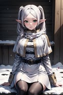 best quality, masterpiece, 1girl, (solo:1.1), raytracing, ultra detailed,detailed face, 8k wallpaper, wide hips, <lora:more_details:0.5>, FrierenNDV, 1girl, white hair, twintails, green eyes, medium breasts, long hair, pointy ears, elf, parted bangs, white capelet, white dress, belt, long sleeves,  <lora:FrierenNDV:0.7>, outdoor, sitting, hood, scarf, snow, winter