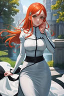 masterpiece, best quality, 1girl, solo, <lora:inoueorihime-bleach-richy-v1:1> orihimedress, hair ornament, white dress, long sleeves