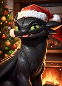 [by Scavy:(by Milkytiger1145, by Craig Davison, by Marcin Jakubowski):0.35],solo (((quadruped feral toothless))) (black body, membranous wings, yellow green eyes), tongue out, scales,(sitting, three-quarter view, half-length portrait, looking down at viewer:1.2), (santa hat:1.3),BREAK,(wooden bistro, inside, fireplace, night:1.25), (christmas, gifts, snowing day),masterpiece, best quality, 4k, 2k, (intricate:0.9), (high detail, realistic:1.25), absurd res
