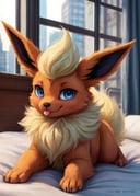 [by Bristol, by Silverfox5213:[(by Moth Sprout, by Teavern, by Herbert MacNair, by Arthur Hacker):by Silverfox5213:0.75]:0.35],solo chibi (((quadruped feral flareon), blue eyes)),(lying on bed, three-quarter view, looking at viewer, three-quarter portrait, fluffy, blep:1.25),BREAK,(hotel bed:1.25), (window, soft light, morning, city scene, sparkle),masterpiece, best quality, ultra realistic, 4k, 2k, (intricate:0.9), (high detail:1.25),film photography, soft focus, RAW photo, photorealistic,analog style, subsurface scattering, photorealism, absurd res