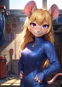 (by Kinokoningen, by Taran Fiddler, by Wlop, by Fumiko),solo female (young  ((gadget hackwrench, kemono mouse) white body, yellow hair, purple eyes)), (blue working bodysuit:1.25),(three-quarter view, three-quarter portrait, looking at viewer:1.25),BREAK,(garage, inside:1.3), (window, tool, light beam, morning night),(detailed background, depth of field, shadow, sunlight, ambient light on the body, backlighting),masterpiece, best quality, 4k, 2k, (intricate:0.9), (high detail, ultra realistic:1.25), absurd res