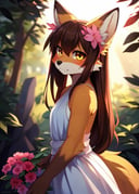 solo (young:1.15) (((kemono fox), yellow body and countershading, long brown hair, yellow eyes)),((small breasts)), ((white dress) flower hair accessories),(three-quarter view, looking at viewer, standing:1.25),BREAK,[by Castitas, by Makoto Shinkai, by Hioshiru, by Glacierclear, by Rumiko Takahashi:by Sandra Chevrier, by Rafael Albuquerque, by Foxovh, by Alphonse Mucha:0.85],(detailed background, depth of field, shadow, sunlight, ambient light on the body, backlighting),masterpiece, best quality, 4k, 2k, shaded, (intricate:0.9), (high detail, unreal engine:1.25), absurd res