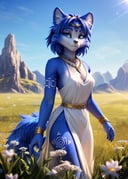 (by Frevilisk, by John Doe \(artist\), by Clockbirds, by Fumiko),solo female chibi (((krystal))), (golden wristband, white dress:1.25),(three-quarter view, three-quarter portrait, looking at viewer:1.25),(grassland, legend of zelda:1.3), (, sunny day, sky, plant, white flower, light beam),BREAK,(detailed background, depth of field, shadow, sunlight, ambient light on the body, backlighting), masterpiece, best quality, ultra realistic, 4k, 2k, (high detail:1.15),(3d \(artwork\):1.2), blender \(software\), soft focus,ray tracing, (unreal engine:1.3), absurd res