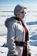 ((ultra detailed, masterpiece, best quality)) <lora:StarMerrin:0.7>StarMerrin, 1girl, solo, white hair, exploring the vast, icy expanse of the Arctic, wrapped in a warm fur-lined coat
