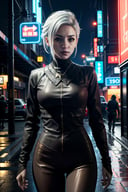 ((ultra detailed, masterpiece, best quality)) <lora:StarMerrin:0.7>StarMerrin, 1girl, solo, white hair, beneath the neon lights of a cyberpunk city, in a futuristic bodysuit, on a rain-soaked street