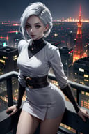 ((ultra detailed, masterpiece, best quality)) <lora:StarMerrin:0.7>StarMerrin, 1girl, solo, white hair, cityscape, at night, on top of a skyscraper, short dress, tight