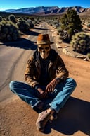 <lora:Skullface_v1-000015:1> photorealistic highly detailed 8k photography, best street shot quality, volumetric lighting, plain clean earthy sklfc, casual street wear, Relaxed Sitting with Ankles Crossed, 360-Degree Aerial View over a Desert, Ancient Bristlecone Pine Forests full of busy people