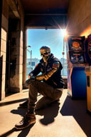<lora:Skullface_v1-000015:1> photorealistic highly detailed 8k photography, best street shot quality, volumetric lighting, plain clean earthy sklfc, Crossed Arms, One Leg Resting on Wall, Dramatic Low-Angle Shot with Sun Flare, Retro Arcade Game Halls full of busy people