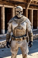 <lora:Skullface_v1-000015:1> photorealistic highly detailed 8k photography, best street shot quality, volumetric lighting, plain clean earthy sklfc, Relaxed Standing Pose with Arms Folded, Static Shot with Changing Seasons, Greek Island White-Washed Villages full of busy people