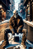 <lora:Skullface_v1-000015:1> photorealistic highly detailed 8k photography, best street shot quality, volumetric lighting, plain clean earthy sklfc, casual street wear, Seated on the Edge of a Table, Crossed Legs, Dynamic Dolly Zoom Effect, Glowing Street Lamps in Snowy Alleys full of busy people