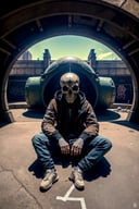 <lora:Skullface_v1-000015:1> photorealistic highly detailed 8k photography, best street shot quality, volumetric lighting, plain clean earthy sklfc, casual street wear, Casual Sitting on a Park Bench, 360-Degree Panoramic View, Graffiti Tunnels full of busy people