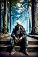 <lora:Skullface_v1-000015:1> photorealistic highly detailed 8k photography, best street shot quality, volumetric lighting, plain clean earthy sklfc, casual street wear, Seated on Steps, Legs Stretched Out, Dynamic Follow Shot through a Forest Canopy, Retro Neon Signs on Rainy Streets full of busy people