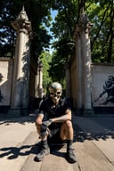 <lora:Skullface_v1-000015:1> photorealistic highly detailed 8k photography, best street shot quality, volumetric lighting, plain clean earthy sklfc, Seated with Legs Crossed, Elbows on Knees, Dynamic Follow Shot through a Forest Canopy, Artistic Murals on City Walls full of busy people