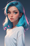 shadow flat vector art, illustrator, anime, realistic, sketch, 1girl, lip, Sweater, order, Blue gradient background, Neon hair