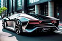 Futuristic Hi-Tech, High Waist, Type 7, Sleek Sci-Fi Bodywork, Large Rear Wheels, Shiny Black and Silver Chrome Protective Tubes, (((Black Wheels))), Black Rubber Tires, On the Road Cyberpunk Urban Background, masterpiece, best quality, Noon, Front View, Symmetrical, c_car