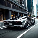 Futuristic Hi-Tech, High Waist, Type 7, Sleek Sci-Fi Bodywork, Large Rear Wheels, Shiny Black and Silver Chrome Protective Tubes, (((Black Wheels))), Black Rubber Tires, On the Road Cyberpunk Urban Background, masterpiece, best quality, Noon, Front View, Symmetrical,c_car