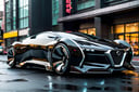 Futuristic Hi-Tech, High Waist, Type 7, Sleek Sci-Fi Bodywork, Large Rear Wheels, Shiny Black and Silver Chrome Protective Tubes, (((Black Wheels))), Black Rubber Tires, On the Road Cyberpunk Urban Background, masterpiece, best quality, Noon, Front View, Symmetrical, 