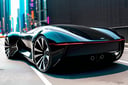 Futuristic Hi-Tech, High Waist, Type 7, Sleek Sci-Fi Bodywork, Large Rear Wheels, Shiny Black and Silver Chrome Protective Tubes, (((Black Wheels))), Black Rubber Tires, On the Road Cyberpunk Urban Background, masterpiece, best quality, Noon, Front View, Symmetrical, c_car