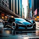 Futuristic Hi-Tech, High Waist, Type 7, Sleek Sci-Fi Bodywork, Large Rear Wheels, Shiny Black and Silver Chrome Protective Tubes, (((Black Wheels))), Black Rubber Tires, On the Road Cyberpunk Urban Background, masterpiece, best quality, Noon, Front View, Symmetrical,c_car,Concept Cars