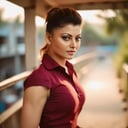 UrvashiRautela, photograph, [Intensive:Violent:18] Female, Sailing, wearing Vines, Short hairstyle, Burgundy Wrinkles, Smooth Underpass in background, soft focus, Sony A9 II, F/2.8, Warm Colors, taiji, Flickr, extremely hyper aesthetic,  <lora:UrvashiRautelaSDXL:1>